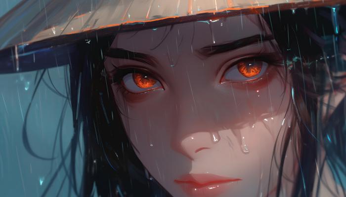 电脑壁纸 在雨中，戴着斗笠，脸上都是雨水的红色眼睛AI美女 电脑桌面 壁纸大全 高清壁纸 壁纸下载
