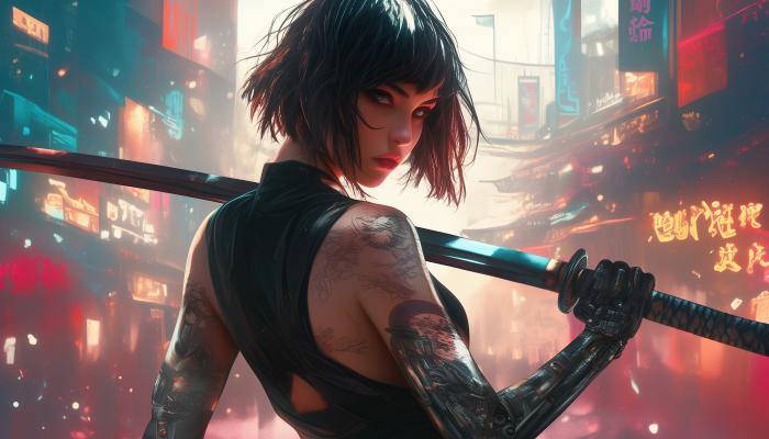 电脑壁纸 纹身女，单手拿着武士刀的侧身AI纹身美女 电脑桌面 壁纸大全 高清壁纸 壁纸下载